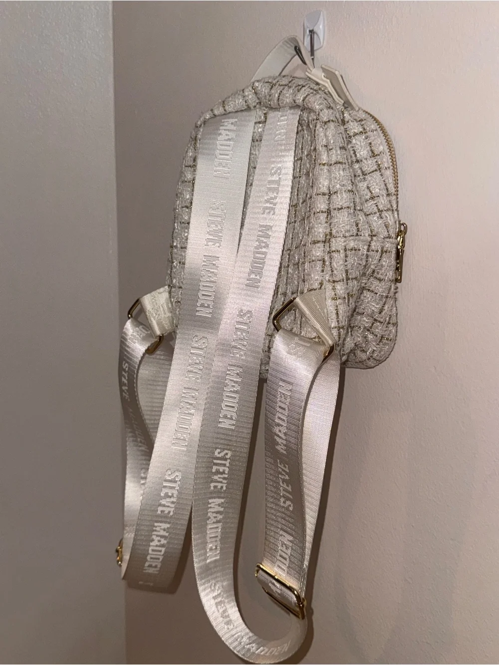 Steve Madden Mini Tweed Backpack White Gold Metallic Bag
